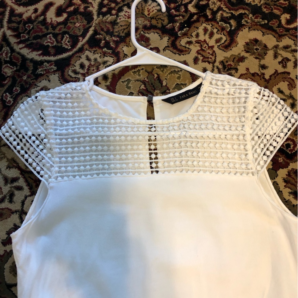 Zara Basic Cream Sheath Dress with crochet Neck and cap Sleeves Small - Picture 4 of 7